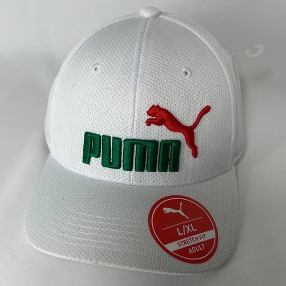 Puma Evercat Stretch Fit Baseball Cap Hat Mesh White Red Green Adult Size L/XL - Picture 1 of 10